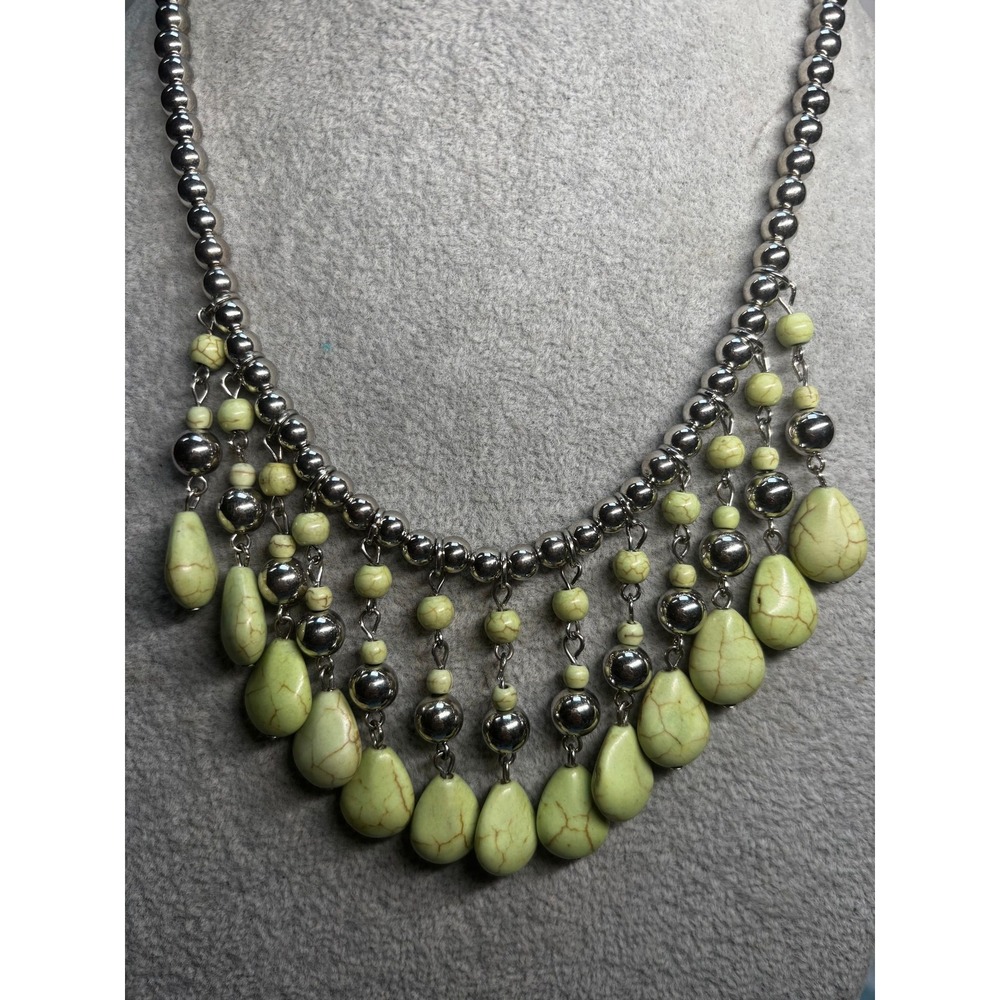 #17. Green crackle-stone silver-beaded necklace